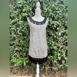 60s Vintage Silver Eyelash Tinsel Mini Dress with Black Fringe